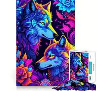 Puzzle da 1000 pezzi con lupi al neon e decorazioni floreali, ideale per adulti, gioco di abilità mentale, facile da assemblare e perfetto per il tempo libero, regalo stagionale (38x26cm)