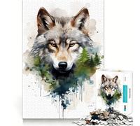 Puzzle da 1000 pezzi con lupo ad acquerello per adulti,divertente per allenare la mente,con componenti robusti e ben definiti,ideale per una pausa rilassante (38x26cm)