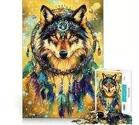 Puzzle da 1000 pezzi con lupo e copricapo acchiappasogni esercizio mentale divertente,pezzi che si incastrano perfettamente,un modo coinvolgente per passare il tempo libero (38x26cm)
