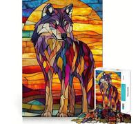 Puzzle da 1000 pezzi con lupo e tramonto in vetro colorato per adolescenti, gioco di abilità mentale, design accogliente e rilassante, assemblaggio, regalo premuroso 38x52cm