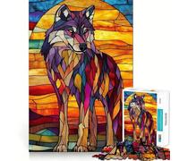 Puzzle da 1000 pezzi con lupo e tramonto in vetro colorato per adolescenti ideale per rafforzare la memoria creare un'atmosfera tranquilla e rilassante con bordi di qualità e un regalo perfetto