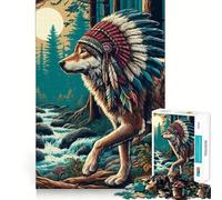 Puzzle da 1000 pezzi con lupo nativo americano con copricapo, ideale per ragazzi, gioco di intelletto, attività ricreative e regalo memorabile (38x52cm)