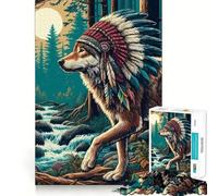 Puzzle da 1000 pezzi con lupo nativo americano e copricapo, ideale per ragazzi, un rompicapo rilassante e artistico da assemblare, un regalo di alta qualità (50x75cm)
