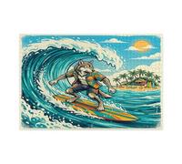 Puzzle da 1000 pezzi con lupo sulla spiaggia e surf per adulti, puzzle in legno con animali costieri estivi da spiaggia, decorazione stampata a onde fresche per intrattenimento creativo
