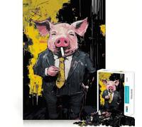 Puzzle da 1000 pezzi con maiale in abito che fuma una sigaretta, ideale per adolescenti Puzzle facile da costruire, per il tempo libero, con taglio preciso, regalo di Babbo Natale (38x26cm)