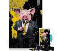 Puzzle da 1000 pezzi con maiale in giacca e cravatta che fuma una sigaretta ideale per adolescenti Migliora la memoria è un gioco facile e rilassante con taglio preciso perfetto per decorare le pareti