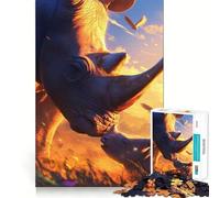 Puzzle da 1000 pezzi con mamma rinoceronte e cucciolo al tramonto, ideale per ragazzi, gioco di logica e attività per tutta la famiglia, con bordi trasparenti e una piacevole sorpresa (50x75cm)