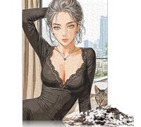 Puzzle da 1000 pezzi con modelli asiatici alla moda neri, difficoltà per adulti, rafforza i rapporti tra i membri della famiglia, 1000 pezzi (75x50 cm)