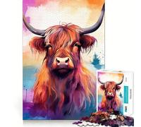 Puzzle da 1000 pezzi con mucca delle Highlands ad acquerello per ragazzi,divertente attività di memoria,connessione pulita e senza soluzione di continuità,rilassante attività di gruppo al chiuso