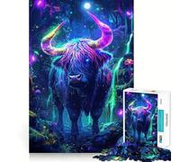 Puzzle da 1000 pezzi con mucca delle Highlands al neon nella foresta, per adulti e ragazzi, gioco di logica, divertente da giocare insieme, taglio preciso, (38x26cm)