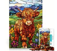 Puzzle da 1000 pezzi con mucca delle Highlands in vetro colorato ideale per adolescenti con un forte senso logico perfetto per il tempo libero e il divertimento con bordi trasparenti e oggetti