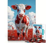 Puzzle da 1000 pezzi con mucca rossa e bianca in un campo, per adulti e ragazzi, gioco di abilità, rilassante e divertente, con bordi precisi, ideale come regalo per le festività (38x52cm)