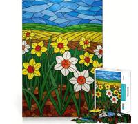 Puzzle da 1000 pezzi con narcisi in un campo in vetro colorato per ragazzi, gioco di logica e divertimento rilassante con bordi lisci, regalo creativo 38x52cm