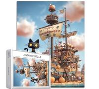 Puzzle da 1000 pezzi con nave pirata a forma di gatto, per adulti, con scena dell'isola di zucca, puzzle artistico, impegnativo, giochi di attività familiari, colorato, fai da te, per decorazioni
