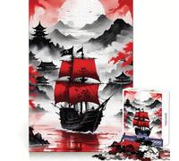 Puzzle da 1000 pezzi con nave pirata rossa e nera per adulti, gioco per allenare la mente, rilassante, taglio di precisione, regalo elegante (38x52cm)