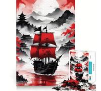 Puzzle da 1000 pezzi con nave pirata rossa e nera per ragazzi, gioco di logica fine, facile da usare, bordi precisi, regalo per le feste (38x26cm)
