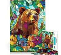 Puzzle da 1000 pezzi con orso in vetro colorato per adulti, gioco di logica stimolante, gioco di gruppo, bordi trasparenti, regalo perfetto 38x52cm