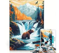 Puzzle da 1000 pezzi con orso vicino a una cascata, gioco rompicapo, decorazione per la casa, con pezzi di forma casuale completamente ad incastro 38x52cm