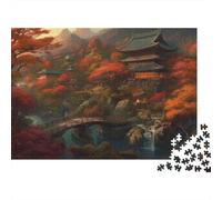 Puzzle da 1000 pezzi con paesaggio autunnale e tempio, sentiero nella foresta autunnale, gioco educativo per adulti, bellissima decorazione, Dimensioni: 52x38 cm.