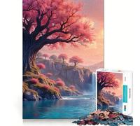 Puzzle da 1000 pezzi con paesaggio di alberi in fiore rosa e cascata, per adulti, ideale per rafforzare la memoria, per il tempo libero e il divertimento Design elegante e di qualità (38x52cm)