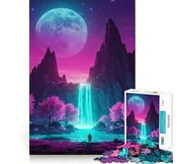 Puzzle da 1000 pezzi con paesaggio di cascata al neon e alberi rosa, per adulti, gioco di logica stimolante, antistress, bordi chiari, regalo premuroso (50x75cm)