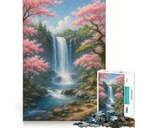 Puzzle da 1000 pezzi con paesaggio di cascata e ciliegi in fiore,ideale per stimolare la concentrazione,grazie al taglio laser che garantisce un incastro e un'attività divertente da fare insieme