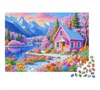 Puzzle da 1000 pezzi con paesaggio di casetta rosa, montagna e lago, ideale per giochi educativi per adulti. Bellissima decorazione, sfida di alta difficoltà, regalo di compleanno. 70x50cm/1000pcs