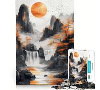 Puzzle da 1000 pezzi con paesaggio di montagna e cascata con sole arancione, per adulti, gioco di logica, divertente da giocare insieme, bordo premium, regalo elegante (38x26cm)