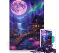 Puzzle da 1000 pezzi con paesaggio di una baita illuminata dalla luna viola, ideale per ragazzi, stimola la memoria, favorisce il relax, facilita il taglio e dona un tocco artistico (38x26cm)