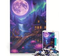 Puzzle da 1000 pezzi con paesaggio di una baita viola al chiaro di luna decorazione da parete divertimento a casa collezione d'artista belle arti 38x26cm