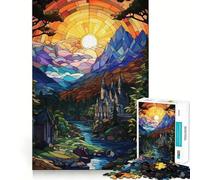 Puzzle da 1000 pezzi con paesaggio fantastico in vetro colorato e castello, per adulti, con memoria, sollevamento lento, piacevole assemblaggio dell'immagine, regalo creativo 38x52cm