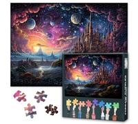 Puzzle da 1000 pezzi con paesaggio fantasy, arte con maestosi castelli galleggianti, cielo illuminato dalla luna luminosa, scena mistica delle fiabe, puzzle di carta di alta qualità per adulti e
