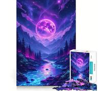 Puzzle da 1000 pezzi con paesaggio montano e fiume illuminato dalla luna al neon per adulti un gioco che stimola la mente e regala momenti di relax e divertimento Opera d'arte da assemblare (50x75cm)