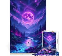 Puzzle da 1000 pezzi con paesaggio montano e fiume illuminato dalla luna al neon per adulti un gioco che stimola la mente e regala momenti di relax e divertimento Opera d'arte da assemblare (50x75cm)