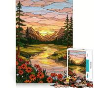 Puzzle da 1000 pezzi con paesaggio montano e fiume in vetro colorato per adolescenti, giocattolo antistress, taglio di alta qualità, regalo elegante 38x26cm