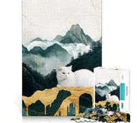 Puzzle da 1000 pezzi con paesaggio montano e gatto bianco,ideale per ragazzi,che stimola la mente Gioco a incastro preciso,senza spazi vuoti Attività rilassante di gruppo al chiuso (38x26cm)