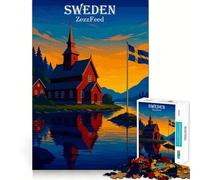 Puzzle da 1000 pezzi con paesaggio svedese, chiesa e bandiera, ideale per adolescenti Migliora la memoria, rilassante e divertente Bordi netti 50x75cm