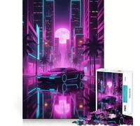 Puzzle da 1000 pezzi con paesaggio urbano al neon e riflesso di un'auto, per adulti, gioco di logica, rilassante e divertente, taglio perfetto, regalo elegante (50x75cm)