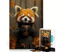 Puzzle da 1000 pezzi con panda rosso che beve caffè, ideale per ragazzi, gioco di logica, rilassante e divertente, con tagli precisi e un tocco artistico (50x75cm)