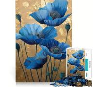 Puzzle da 1000 pezzi con papaveri blu e sfondo dorato Disegno preciso e divertente,stimola la mente,ideale per momenti di relax e come decorazione natalizia 50x75cm