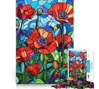 Puzzle da 1000 pezzi con papaveri in vetro colorato per adolescenti, ideale per il recupero della memoria, il relax e il divertimento, con dettagli nitidi e perfetti come regalo stagionale 38x26cm