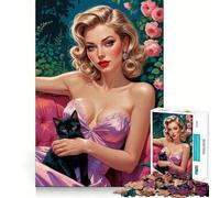 Puzzle da 1000 pezzi con pin-up bionda e gatto nero in giardino,bordi fini,giocattolo creativo,gioco per il tempo libero,regalo di compleanno 50x75cm