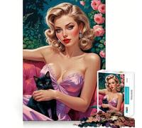 Puzzle da 1000 pezzi con pin-up bionda e gatto nero in giardino Gioco a incastro preciso,divertente e creativo,gioco rilassante,regalo di Natale per la tranquillità 38x26cm