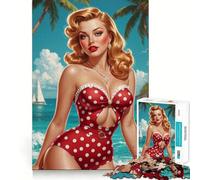 Puzzle da 1000 pezzi con pin-up bionda in costume da bagno aderente a pois rossi,giocattolo creativo e divertente,ideale per momenti di relax e svago,regalo di compleanno 38x52cm
