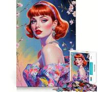 Puzzle da 1000 pezzi con pin-up dai capelli rossi in abito floreale per adolescenti, ideale per stimolare la memoria, rilassare e divertirsi Taglio di alta qualità, regalo elegante (38x52cm)