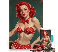 Puzzle da 1000 pezzi con pin-up dai capelli rossi in bikini a pois rossi ideale per adolescenti Gioco di logica stimolante ideale per momenti di relax con bordi trasparenti e un tocco di creatività