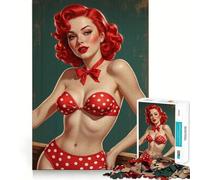 Puzzle da 1000 pezzi con pin-up dai capelli rossi in bikini a pois rossi, ideale per adolescenti Migliora la memoria, allevia la tensione e rappresenta un'opera d'arte di pregio (38x26cm)