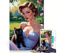 Puzzle da 1000 pezzi con pin-up e gattina nera in giardino, per adulti, un gioco divertente e intelligente da realizzare insieme, con tagli precisi (38x52cm)