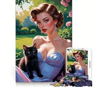 Puzzle da 1000 pezzi con pin-up e gattina nera in giardino, per adulti, un gioco divertente e intelligente da realizzare insieme, con tagli precisi (38x52cm)