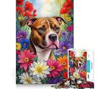 Puzzle da 1000 pezzi con pitbull in un giardino fiorito per adulti, ideale per stimolare la mente e favorire il relax Pezzo da collezione con bordi precisi (38x26cm)